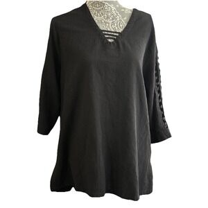 Cottonseed Black Cotton Gauze V Neck 3/4 Sleeve Ladder Cutout Details Tunic  XL